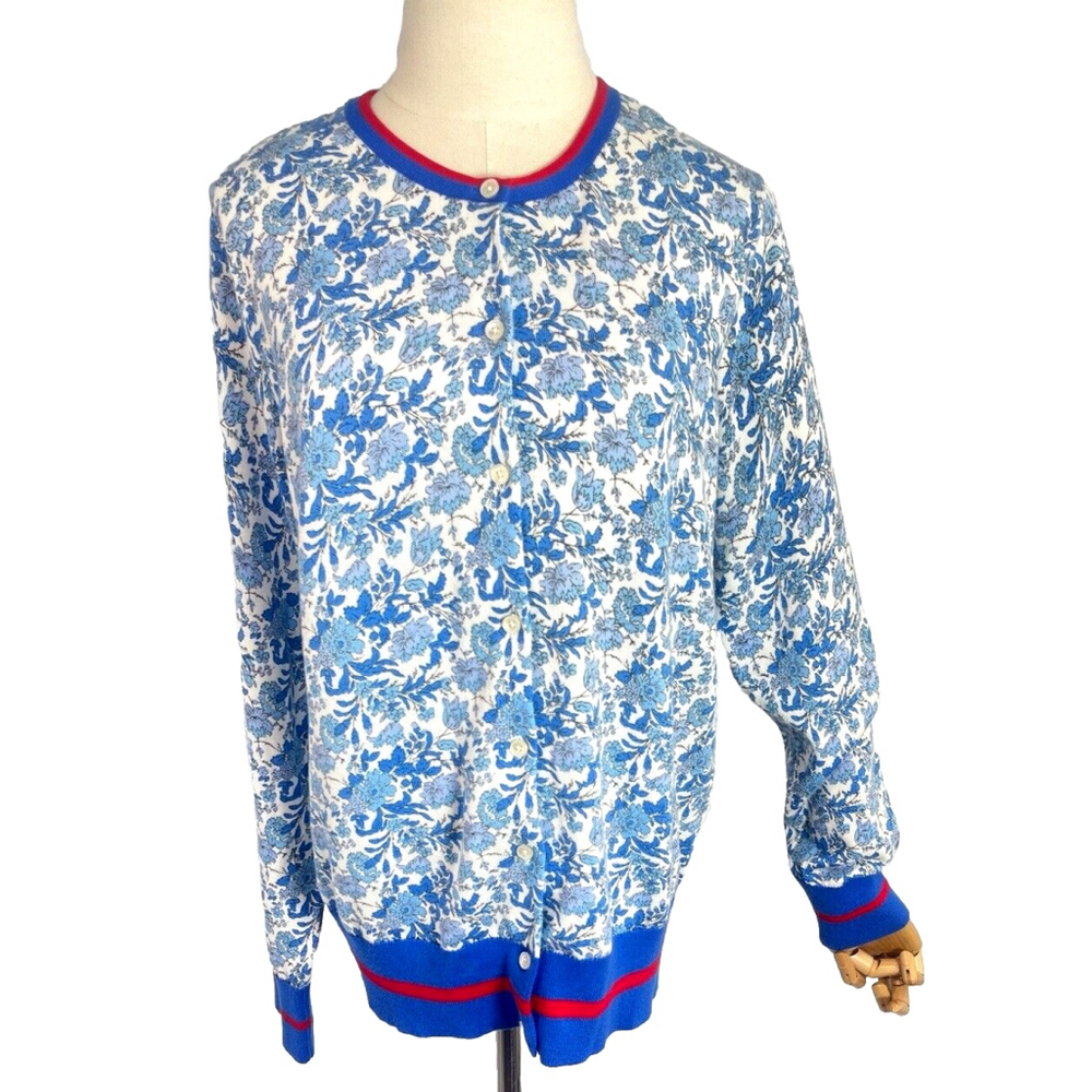New Lands' End Blue Floral Cardigan Sweater Womens Large 14 16‎ 100% Pima Cotton